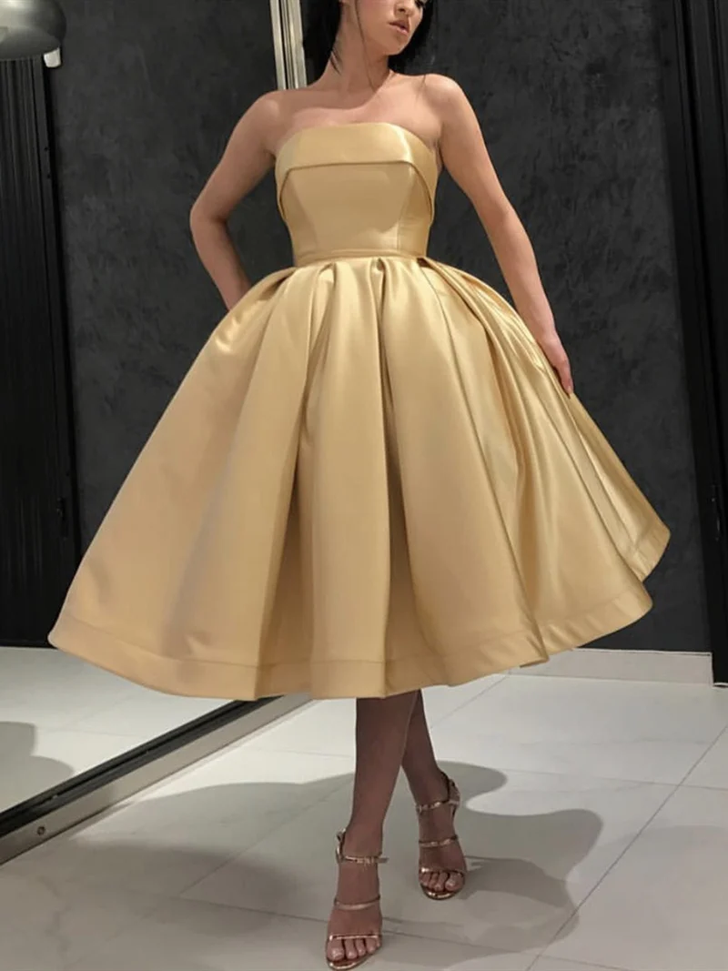 Robe de bal dorée bustier mi-longue, robe de soirée, robe de cocktail, robe de soirée