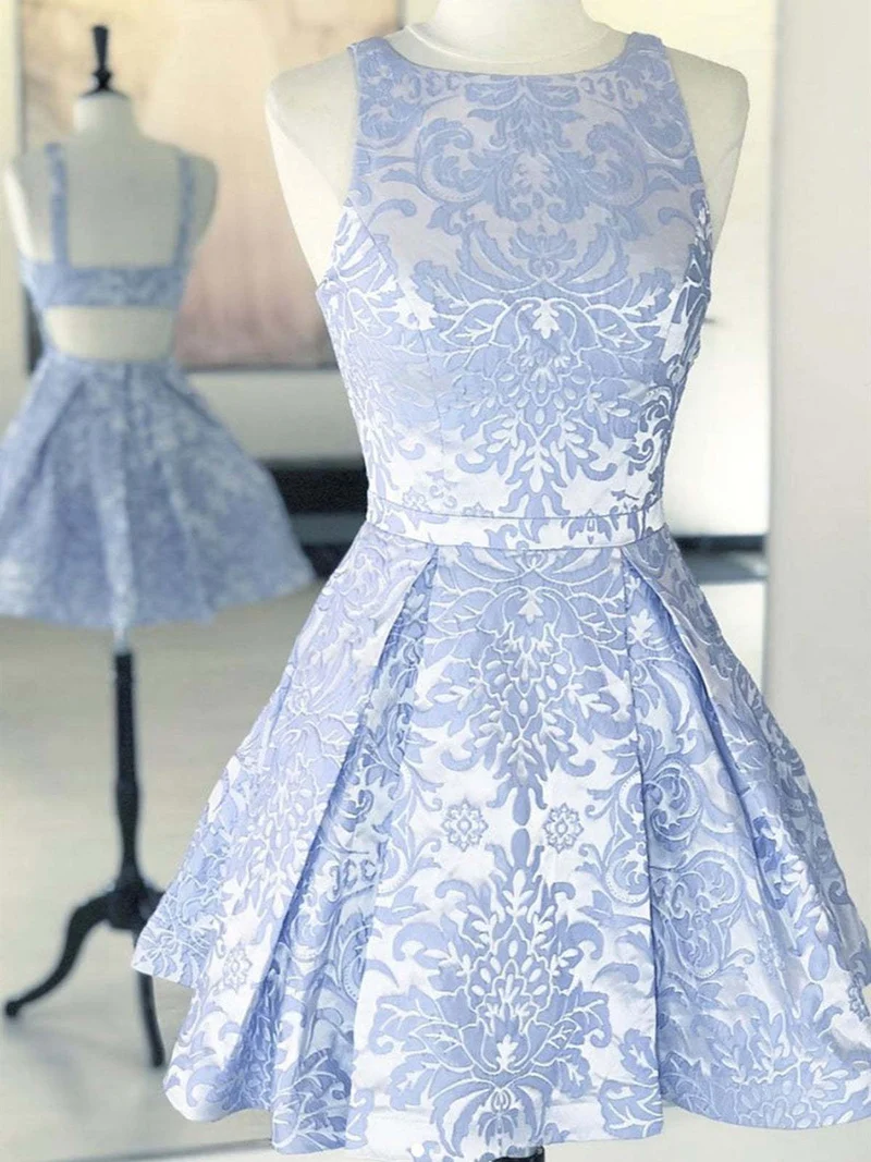 Robe de bal courte en dentelle bleue, coupe trapèze, col rond, dos nu