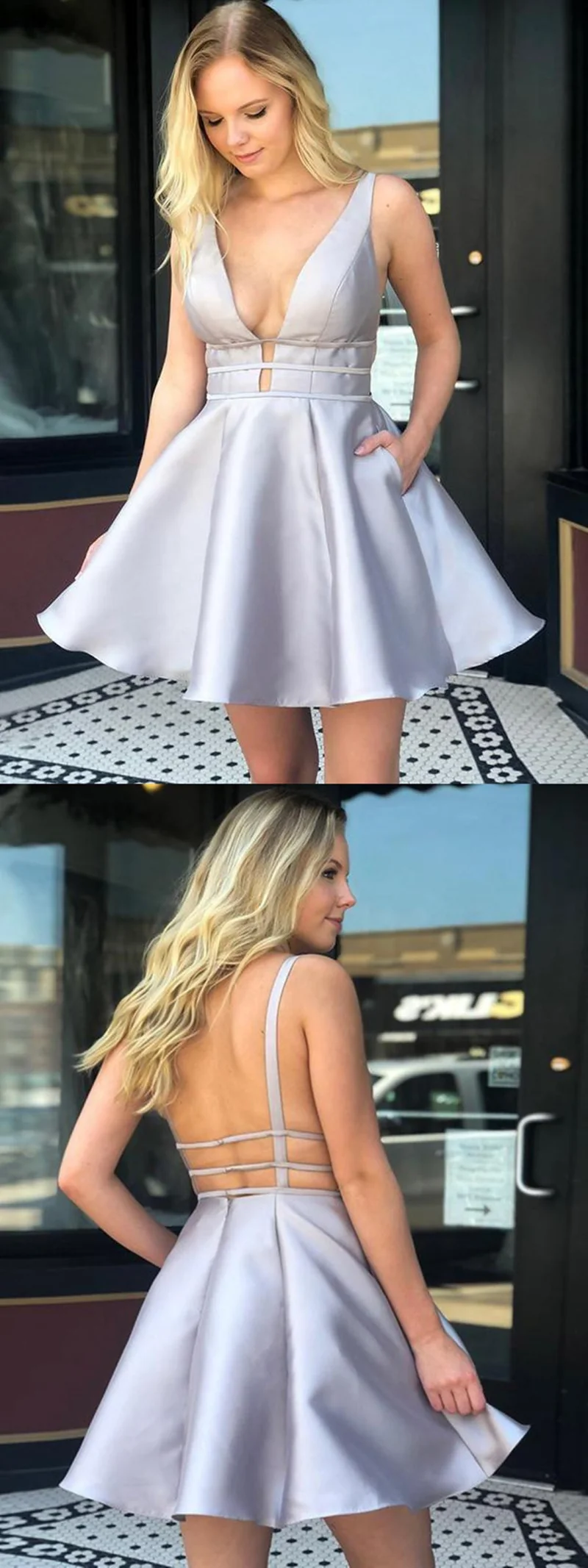 Robe de soirée courte en satin gris argenté à col en V et coupe trapèze : robe de soirée dos nu