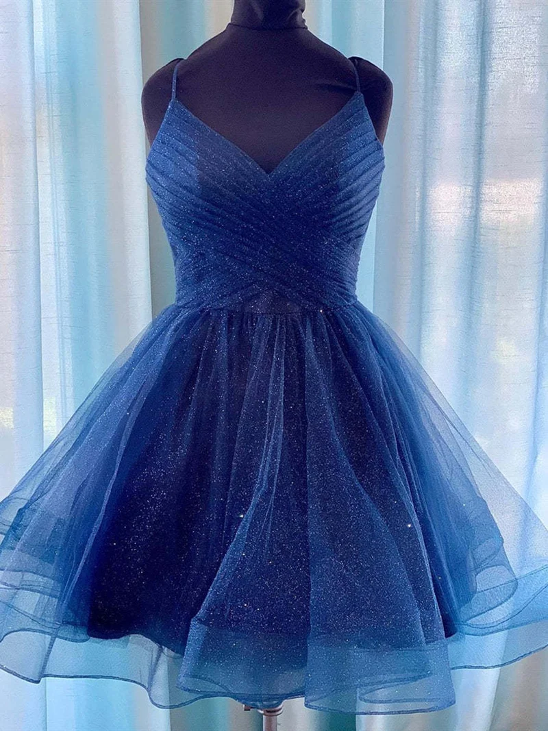 Robe de bal courte bleu marine brillante à col en V pour soirée de remise de diplôme