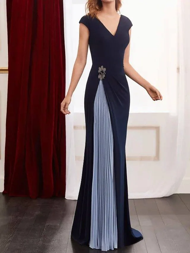 Robe élégante à blocs de couleurs, col en V, sans manches, longueur au sol, en mousseline de soie élasthanne plissée et perlée
