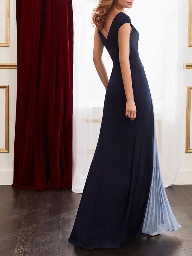 Robe élégante à blocs de couleurs, col en V, sans manches, longueur au sol, en mousseline de soie élasthanne plissée et perlée