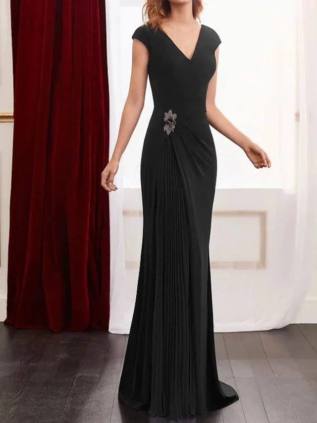 Robe élégante à blocs de couleurs, col en V, sans manches, longueur au sol, en mousseline de soie élasthanne plissée et perlée