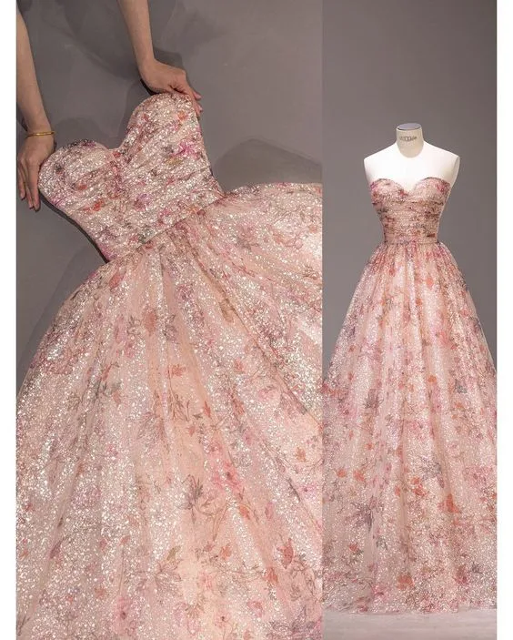 Robe de soirée longue bustier à sequins rose ravissante pour femme