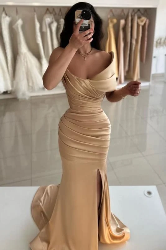Robe de bal sirène élégante en satin froncé à épaules dénudées avec une silhouette flatteuse