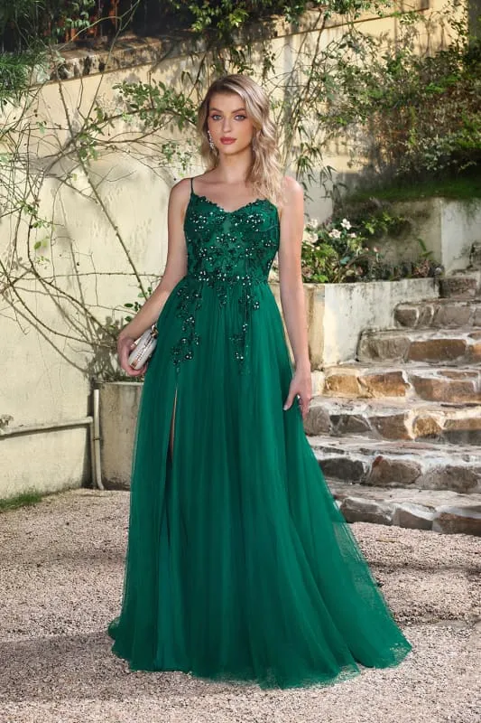Robe de bal élégante vert foncé à bretelles spaghetti et coupe trapèze avec fente