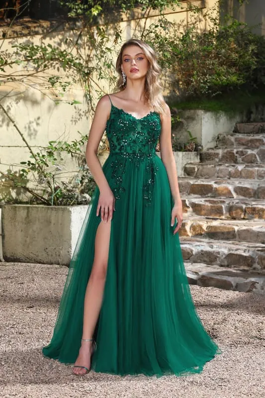 Robe de bal élégante vert foncé à bretelles spaghetti et coupe trapèze avec fente