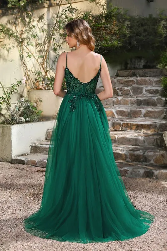 Robe de bal élégante vert foncé à bretelles spaghetti et coupe trapèze avec fente