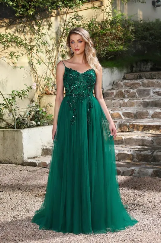 Robe de bal élégante vert foncé à bretelles spaghetti et coupe trapèze avec fente
