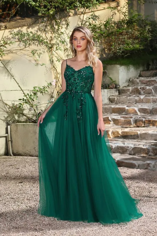 Robe de bal élégante vert foncé à bretelles spaghetti et coupe trapèze avec fente