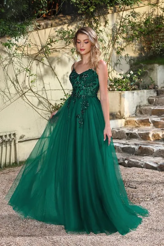 Robe de bal élégante vert foncé à bretelles spaghetti et coupe trapèze avec fente
