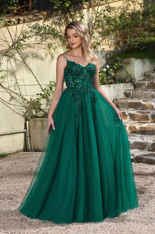 Robe de bal élégante vert foncé à bretelles spaghetti et coupe trapèze avec fente