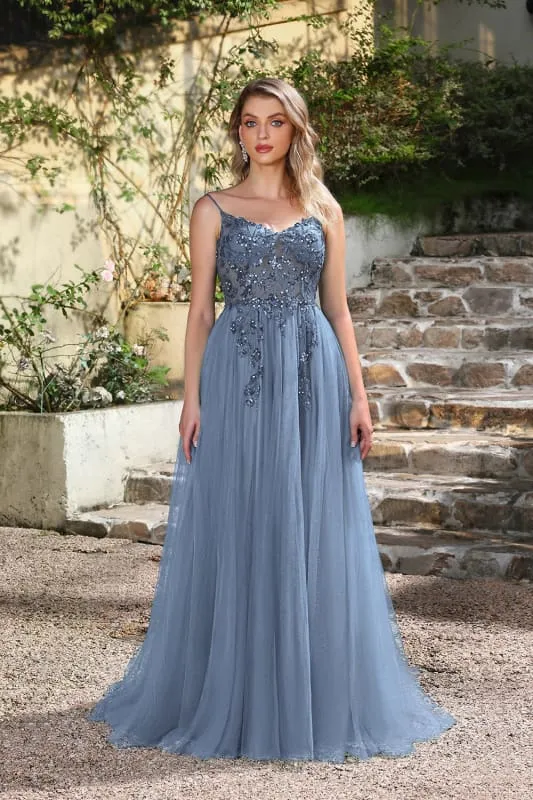 Robe de bal élégante vert foncé à bretelles spaghetti et coupe trapèze avec fente