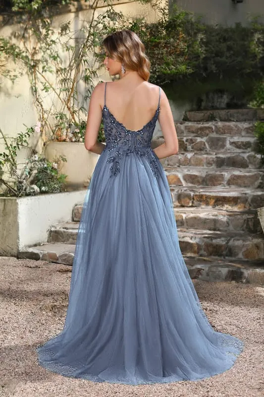 Robe de bal élégante vert foncé à bretelles spaghetti et coupe trapèze avec fente