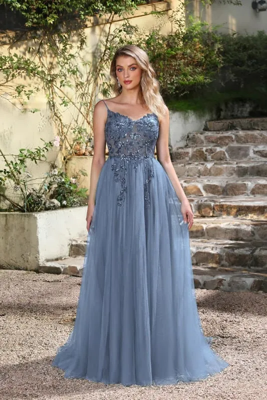 Robe de bal élégante vert foncé à bretelles spaghetti et coupe trapèze avec fente