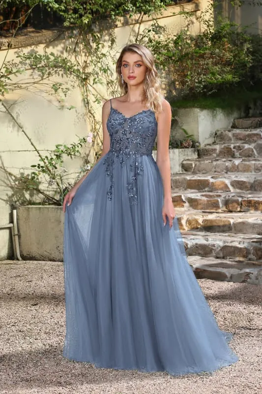 Robe de bal élégante vert foncé à bretelles spaghetti et coupe trapèze avec fente
