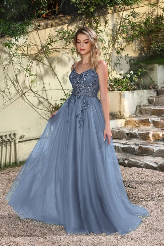Robe de bal élégante vert foncé à bretelles spaghetti et coupe trapèze avec fente