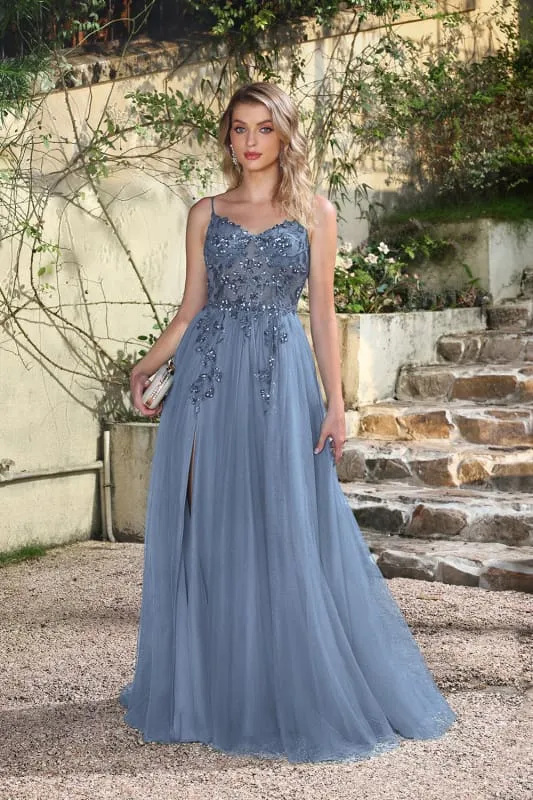 Robe de bal élégante vert foncé à bretelles spaghetti et coupe trapèze avec fente