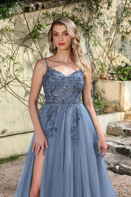 Robe de bal élégante vert foncé à bretelles spaghetti et coupe trapèze avec fente