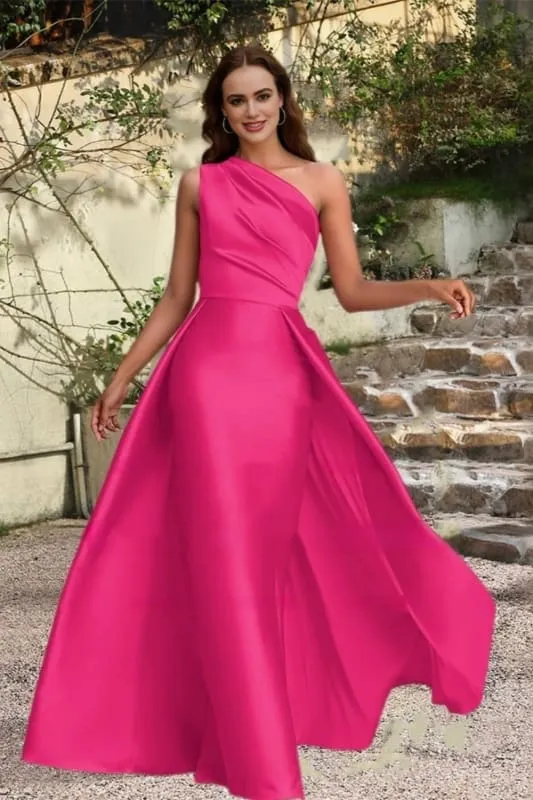 Robe de bal élégante en satin à une épaule froncée, coupe trapèze, longue robe de soirée