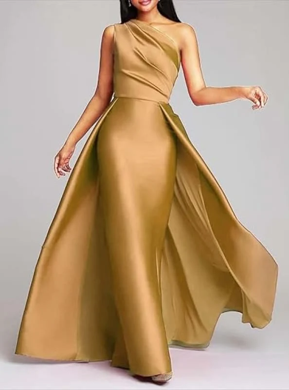 Robe de bal élégante en satin à une épaule froncée, coupe trapèze, longue robe de soirée