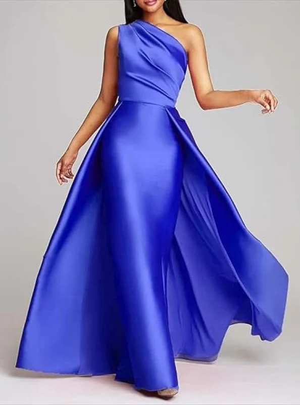 Robe de bal élégante en satin à une épaule froncée, coupe trapèze, longue robe de soirée