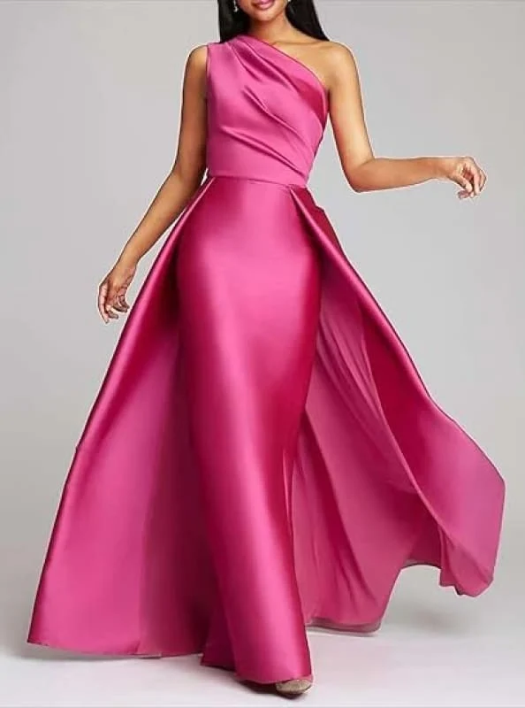 Robe de bal élégante en satin à une épaule froncée, coupe trapèze, longue robe de soirée
