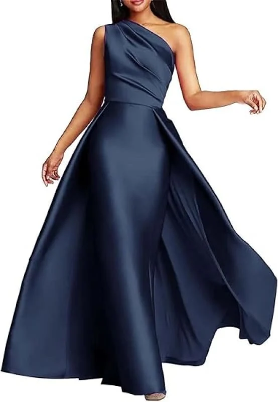 Robe de bal élégante en satin à une épaule froncée, coupe trapèze, longue robe de soirée