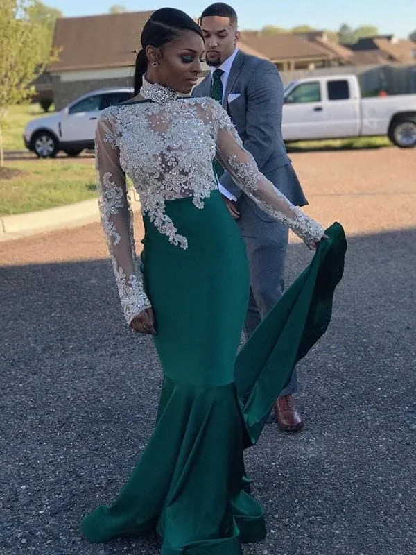 Robe de bal sirène élégante en satin : col haut, manches longues, traîne à appliques