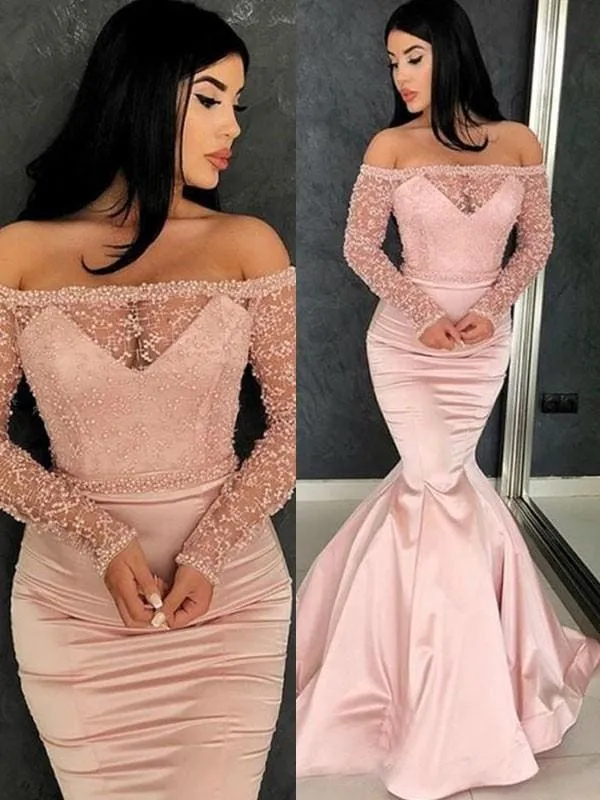 Robe de bal sirène élégante en satin à épaules dénudées, volants et manches longues