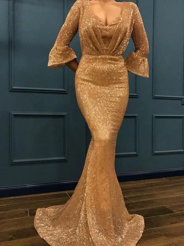 Robe de bal sirène élégante à paillettes : col en V, manches 3/4, volants, traîne