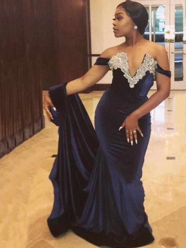 Robe de bal sirène élégante en velours à épaules dénudées et traîne à appliques