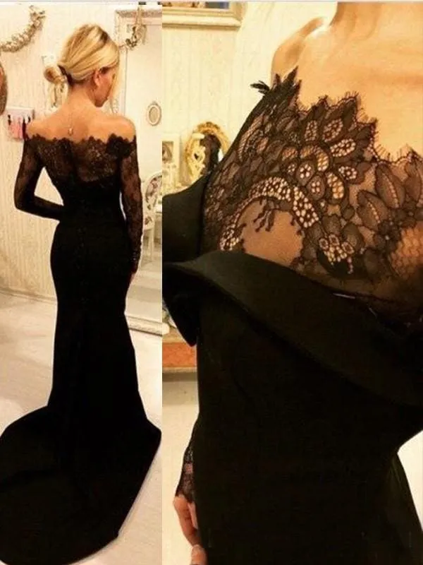 Robe de bal sirène élégante en satin et dentelle, épaules dénudées, avec traîne