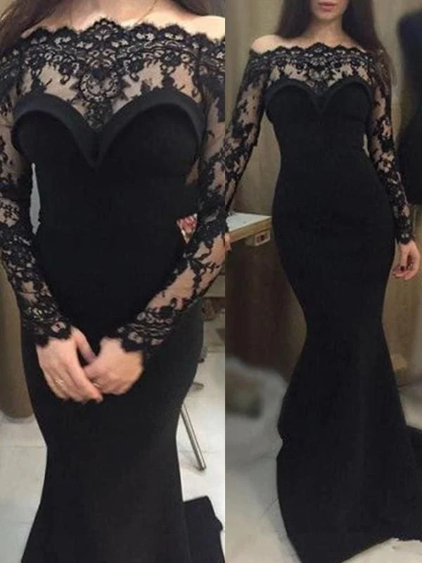 Robe de bal sirène élégante en satin et dentelle, épaules dénudées, avec traîne