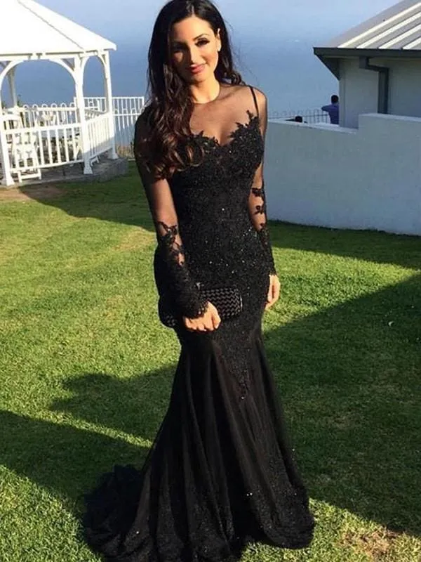 Robe de bal élégante à manches longues et col transparent, style sirène, avec appliques en élasthanne