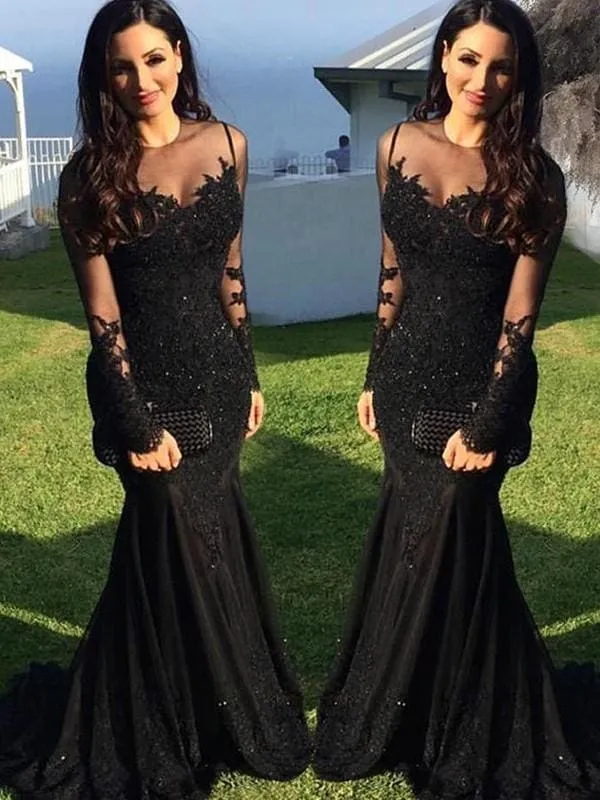 Robe de bal élégante à manches longues et col transparent, style sirène, avec appliques en élasthanne