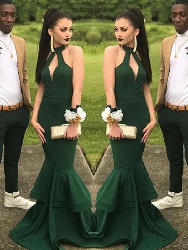 Robe de bal sirène élégante en satin à volants et dos nu