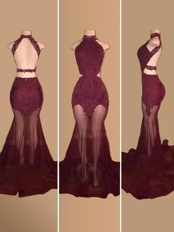 Robe de bal sirène élégante à licou, sans manches en tulle, traîne ornée d'appliques