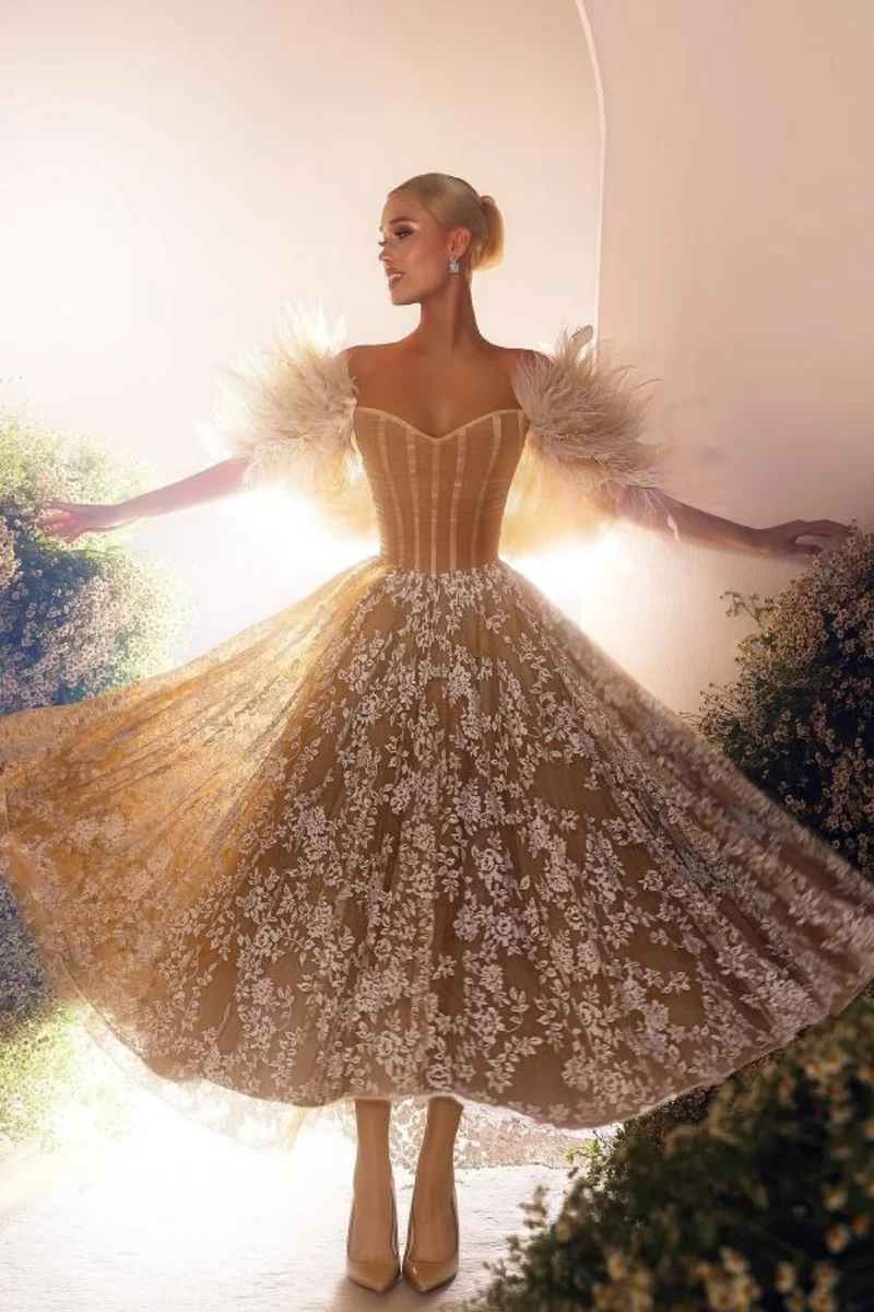 Robe de bal trapèze élégante en dentelle à manches en plumes et appliqués pour un style chic