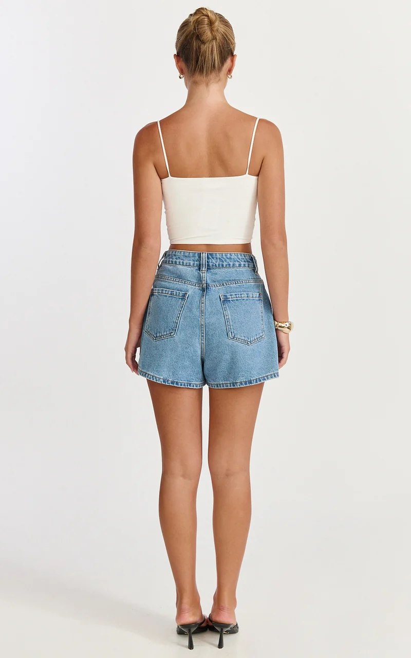 Aria Shorts - High Waisted A Line Denim Shorts in Light Mid Blue Wash
