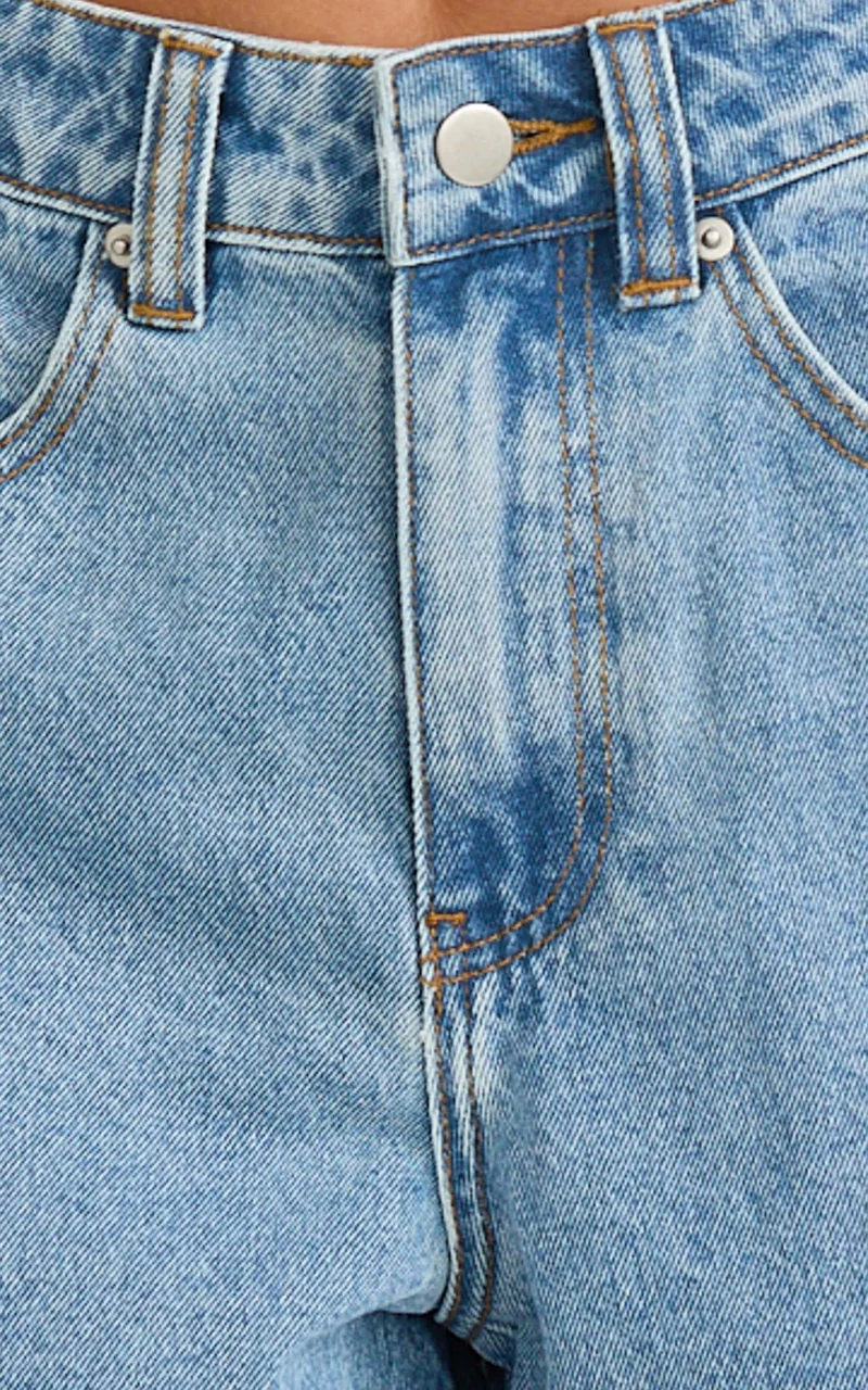 Aria Shorts - High Waisted A Line Denim Shorts in Light Mid Blue Wash
