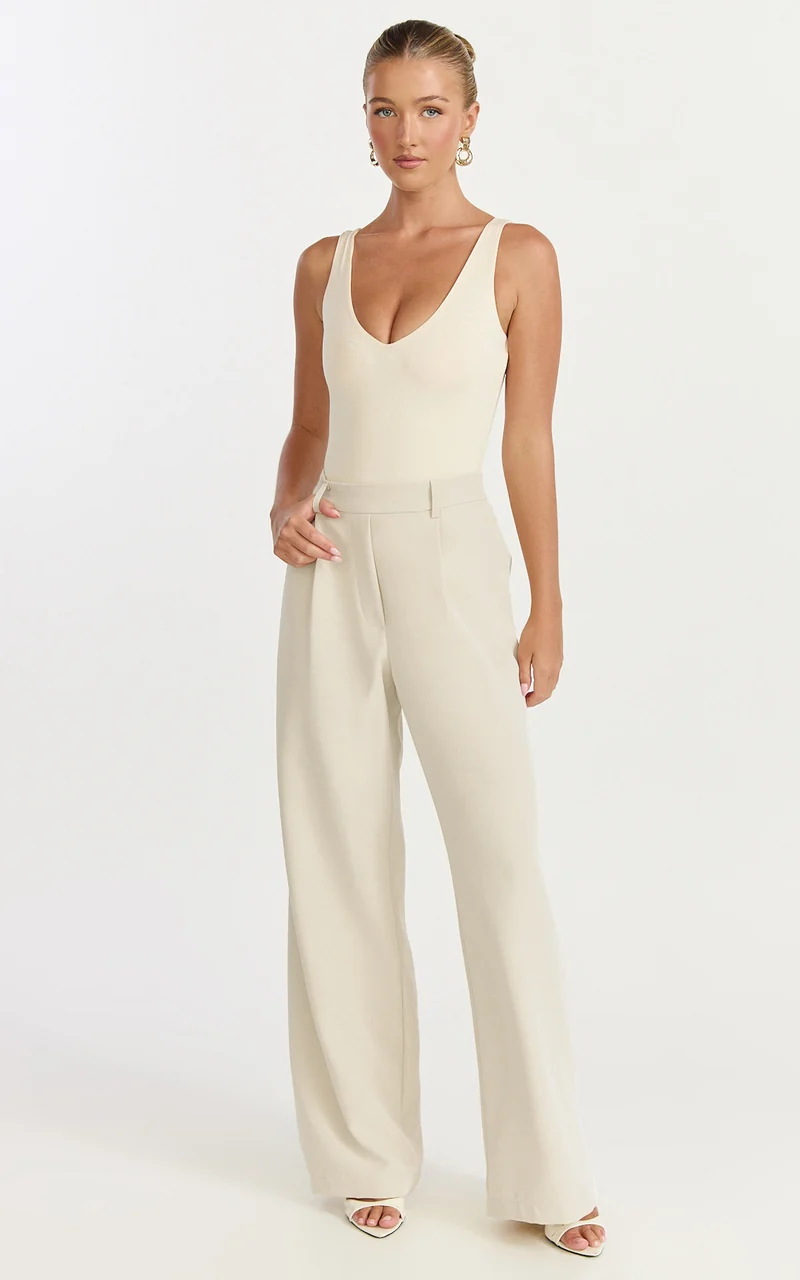 Tessa Pants - Elastic Back Pull On Tailored Pants in Beige
