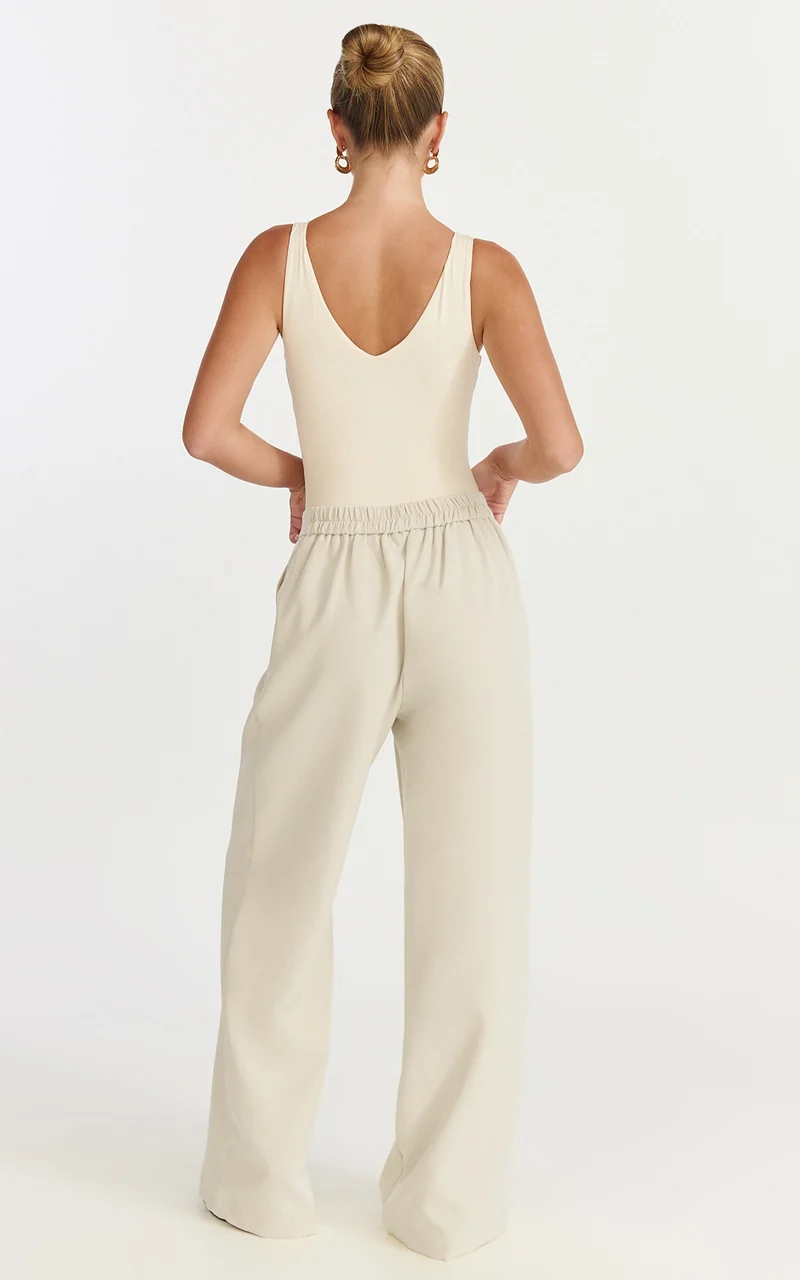 Tessa Pants - Elastic Back Pull On Tailored Pants in Beige