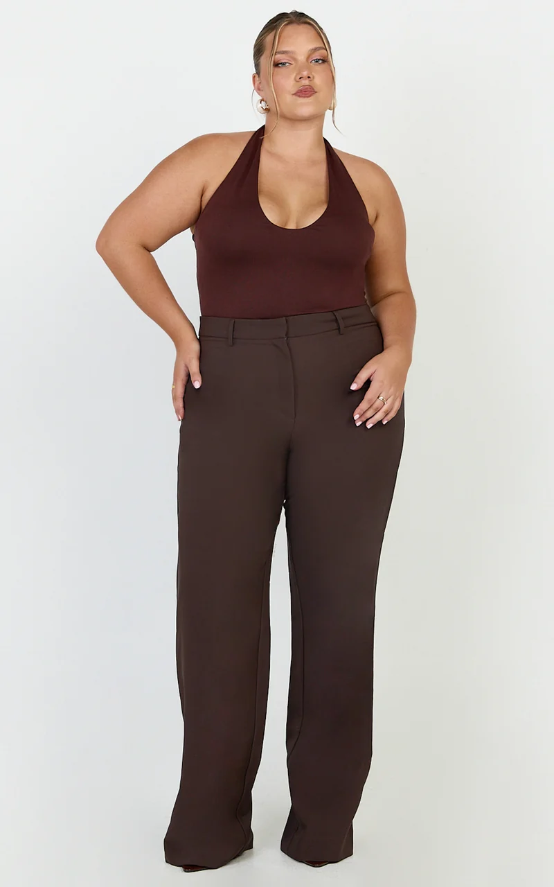Sally Pants - Mid Waisted Straight Leg Tailored Pants in Chocolate