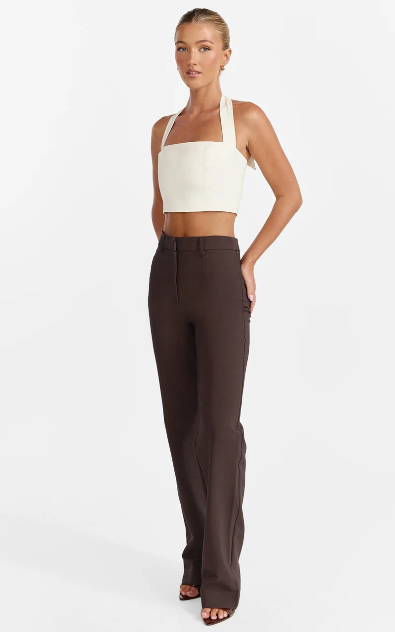 Sally Pants - Mid Waisted Straight Leg Tailored Pants in Chocolate