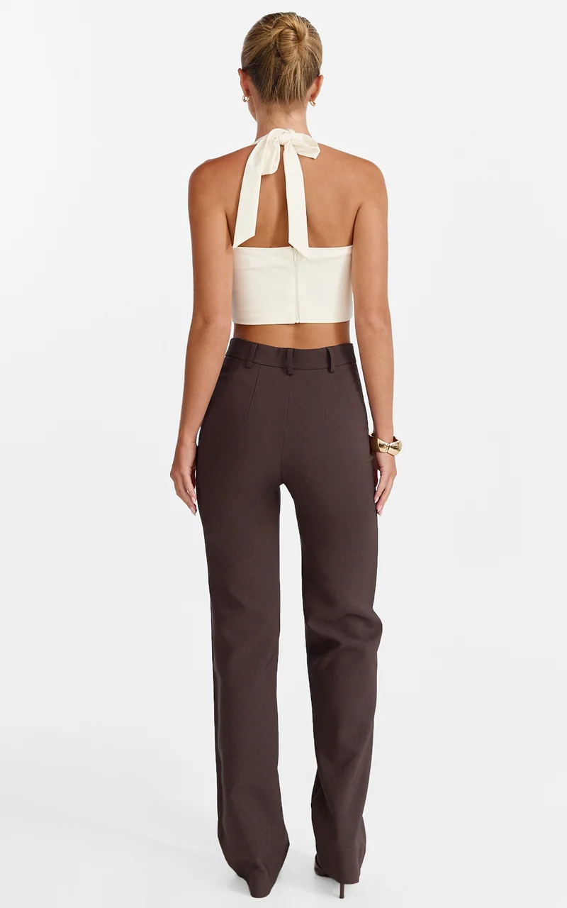 Sally Pants - Mid Waisted Straight Leg Tailored Pants in Chocolate