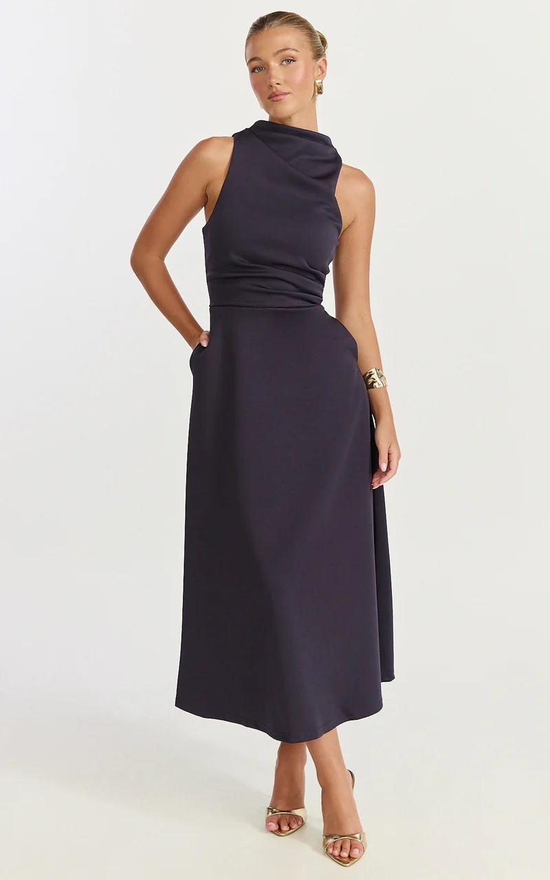Macy Midi Dress - High Neck A Line Dress in Navy