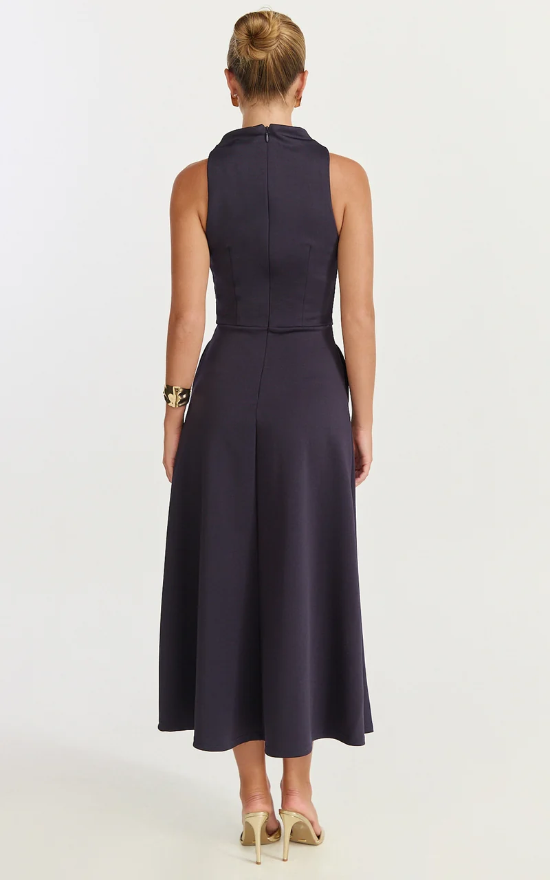 Macy Midi Dress - High Neck A Line Dress in Navy