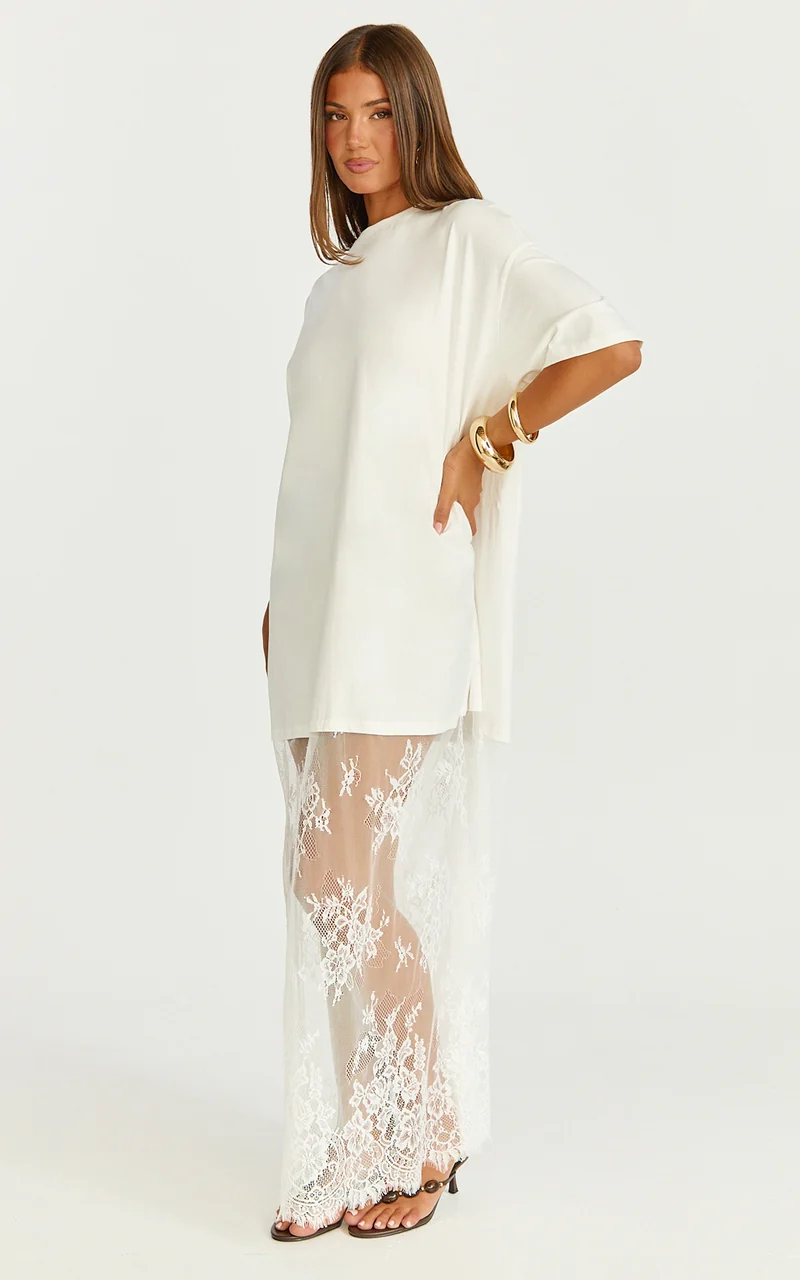 Jonna Midi Dress - Longline Lace Insert Tee in Off White
