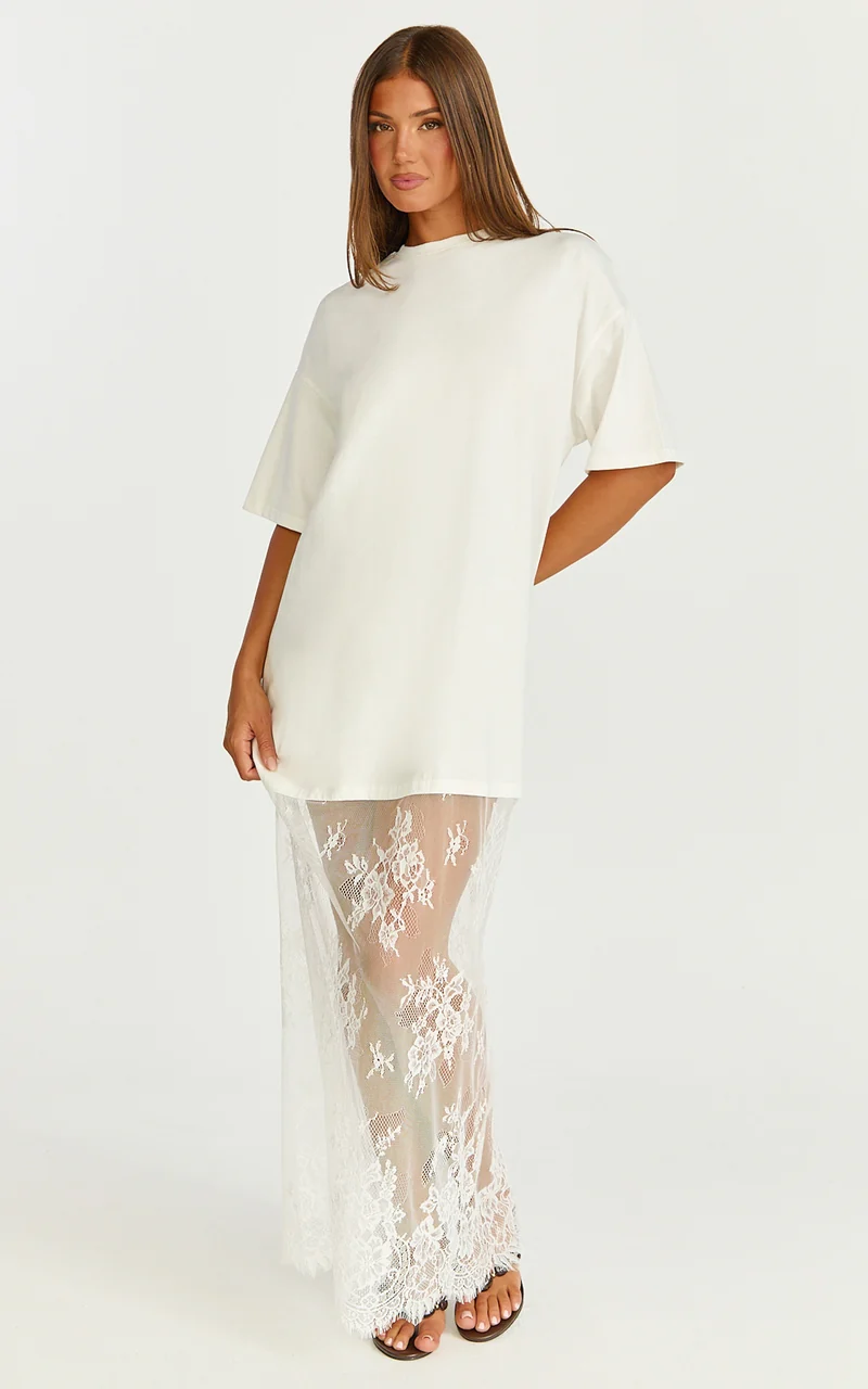 Jonna Midi Dress - Longline Lace Insert Tee in Off White